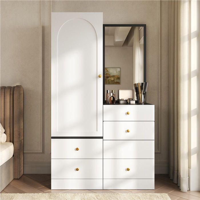 Meuble 2-en-1 maquillage & rangement vêtements : miroir pivotant tabouret intégré et tiroirs organisés finition MDF élégante