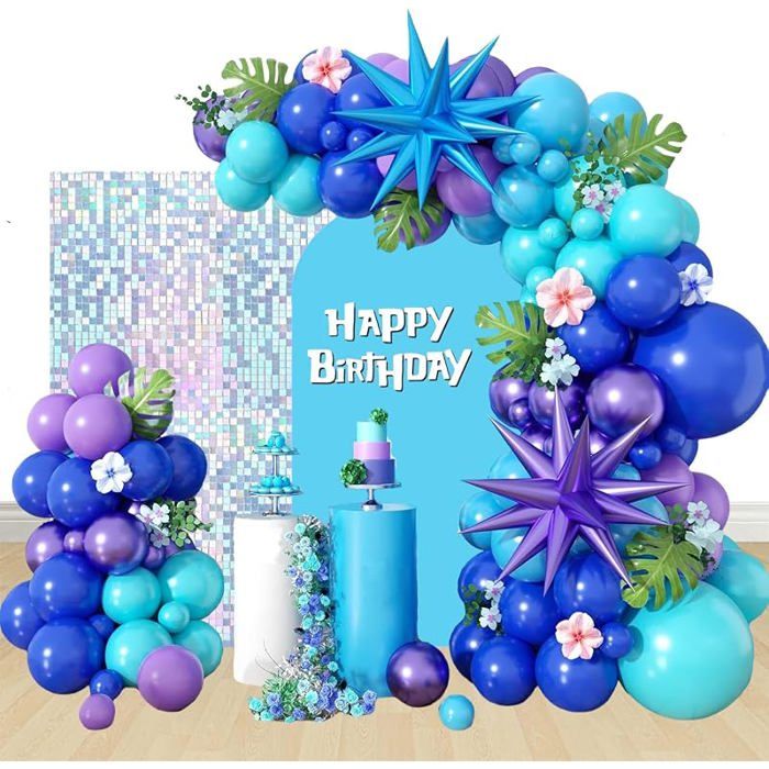 Kit de Décoration de Fête Thème Hawaï Guirnde de Ballons Violets Bleus Arche et Accessoires pour Fête Anniversaire
