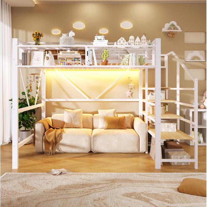 Lit Mezzanine 140x200 En Métal Blanc Lit Surélevé Avec Rangement FloraGrace Pour Chambre Avec LED Et Étagères 251 5x163x170cm