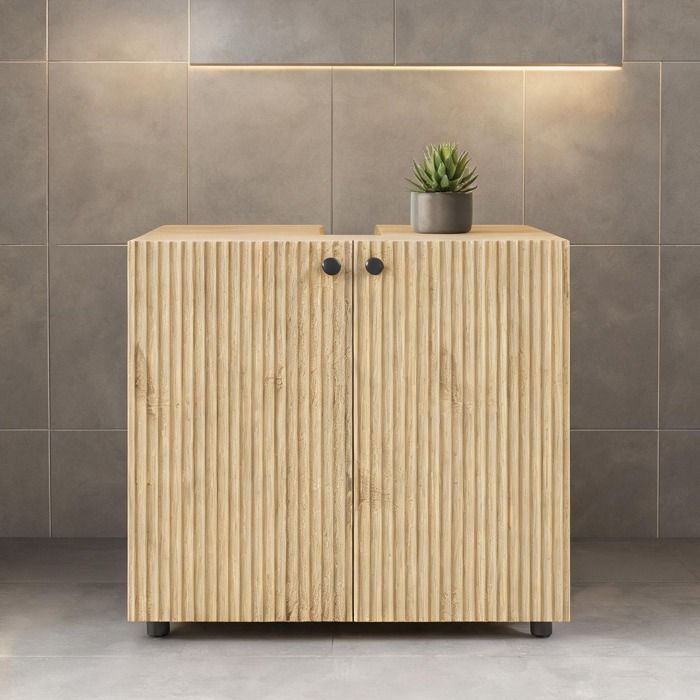 Meuble sous lavabo 60 cm bois naturel 2 portes fermeture amortie étagère réglable