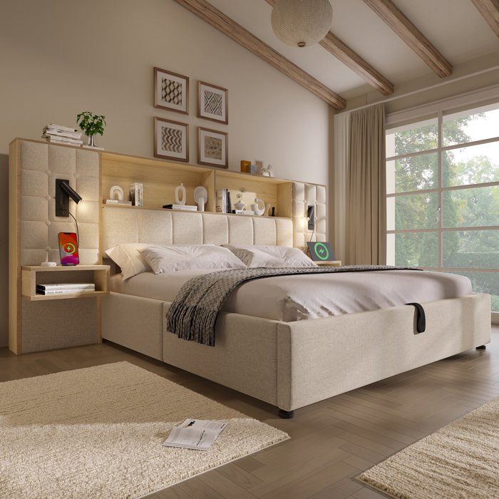 Lit Coffre Hydraulique 160x200 cm Lit Double Rembourré avec Rangement 2 Liseuses 2 Chevets et Sommier à Lattes - Lin - Beige
