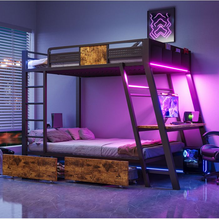 Lit superposé métal 90 x 200 cm EVRYAE avec bureau intégré USB Type-C LED 2 tiroirs noir