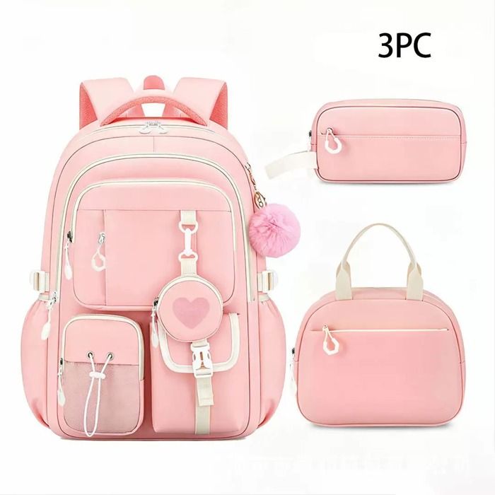 XJYDNCG 3Pcs Cartable Fille PrimaireSac à Dos ScolaireGrande Capacité Étanche Multi‑poches pour Collège Lycée - Rose