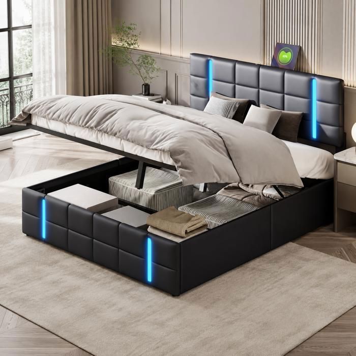 Lit coffre 140×200 cm lumière LED lit capitonné avec port USB lit double rangement hydraulique sommier à lattes similicuir PU Noir