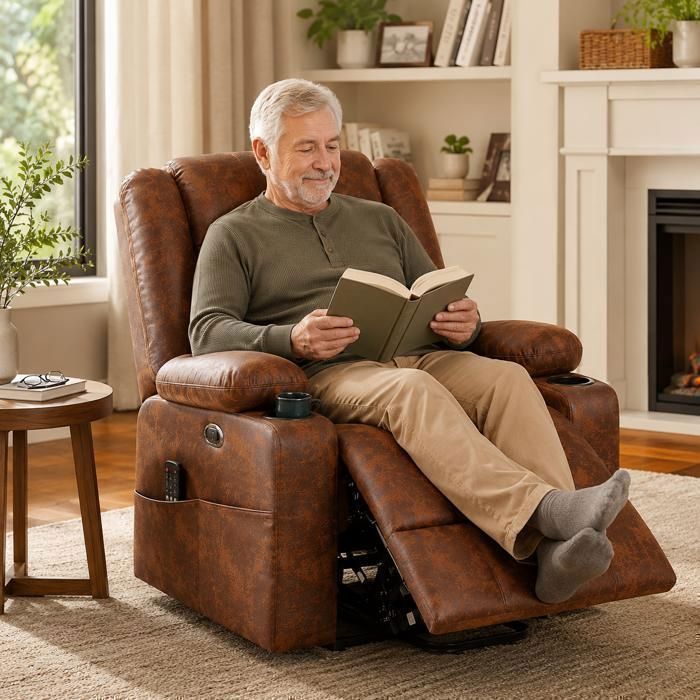 Fauteuil releveur électrique inclinable-Avec Chauffage Ajustable repose Pied et télécommande Cuir artificiel 105x82x90cm Marron