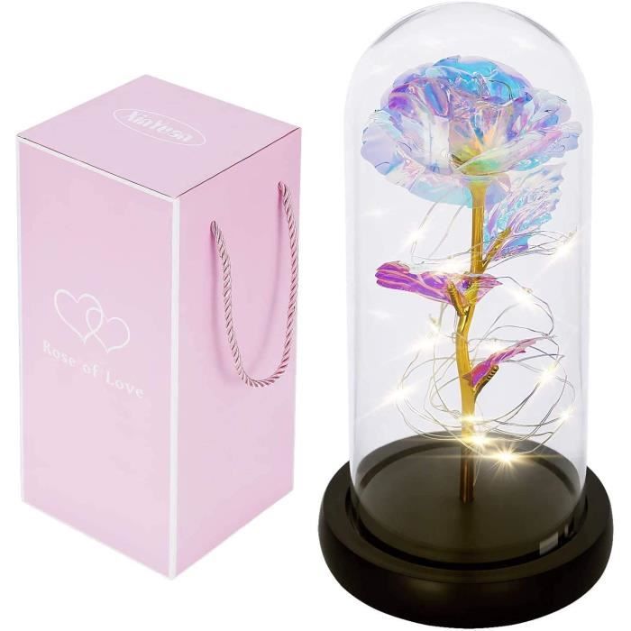 Rose Eternelle sous Cloche, Cadeau Femme La Belle et la Bête Rose, Fleur Artificielle avec LED Lumières et Base en Bois pour Femme Mariage, Anniversaire, Fête des Mères, Saint Valentin, Noël