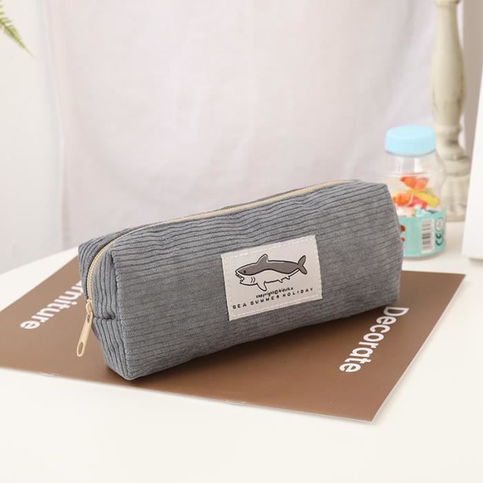 Trousse à Crayons En Velours Côtelé - Fermeture Éclair Métallique - Gris - 19x7x6 Cm