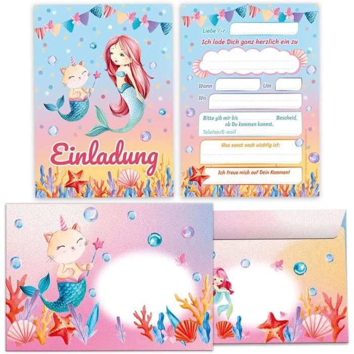 12 Cartes D'invitation Sirène Pour Anniversaire Fille - Avec Enveloppes Et Autocollants, 14x10 Cm - 8