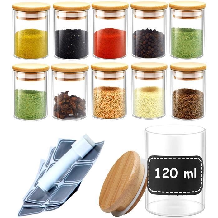 Pot a Epices en Verre - Lot de 10 Bocaux en Verre et 10 Etiquettes - 120ml - Hermétique - Lavable au Lave-Vaisselle