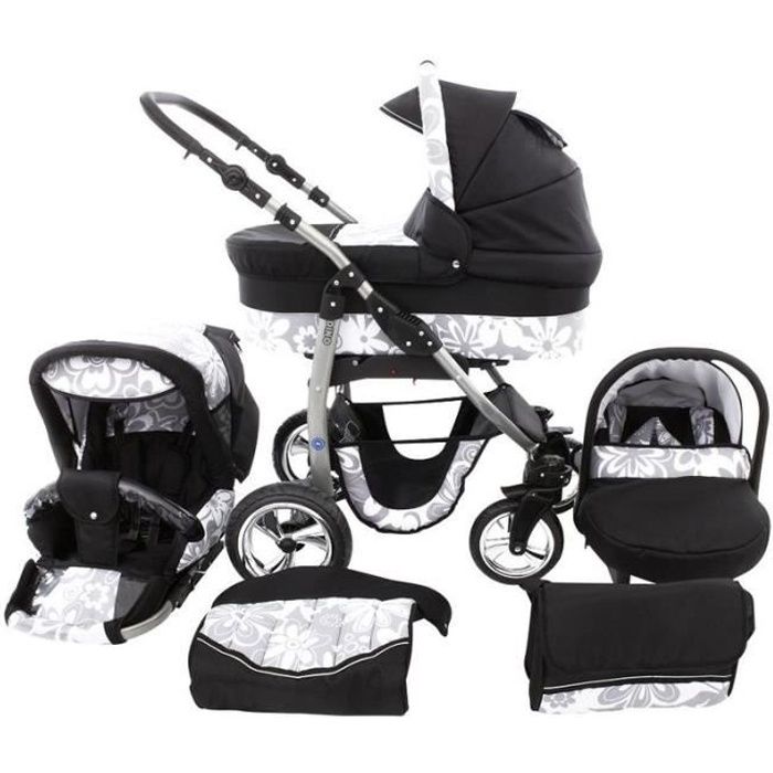 Poussette Combinee Dino Poussette Trio Nacelle Poussette Canne Siege auto Cosy Accessoires 48 noir fleurs grises Cdiscount Puericulture Eveil bebe