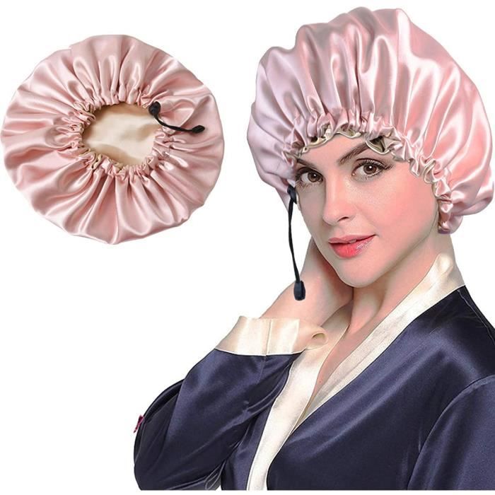 Bonnet de nuit - Satin - Réglable - Double couche - Fond rose - Femme
