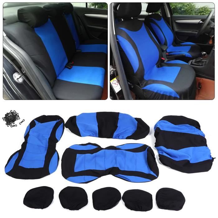 9 pièces - ensemble accessoire intérieur protecteur de housse de siège pour voiture 5 places (bleu + noir)-LAT