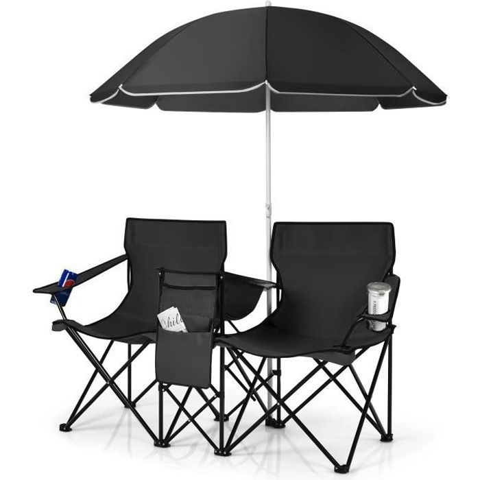 COSTWAY Chaise/Fauteuil de Camping Pliante 2 Places avec Sac isotherme, Parasol, Porte-gobelet, Accoudoirs, Charge 270 KG, Noir