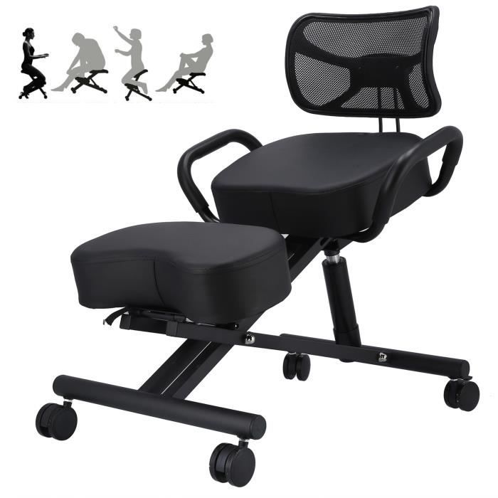 Chaise Ergonomique Assis GenouxPour Le Mal De Dos, Siege Bureau Professionnel Noir Avec Coussin