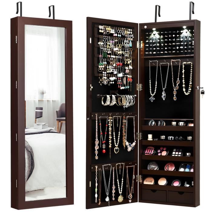 giantex armoire à bijoux miroir verrouillée,rangement d'accessoires à led automatique,fixation murale/à porte,37x9,5x108cm, brun