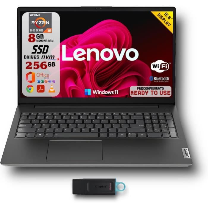 Ordinateur portable Lenovo V15 AMD Ryzen 3 8 Go RAM SSD 15 6 FHD
