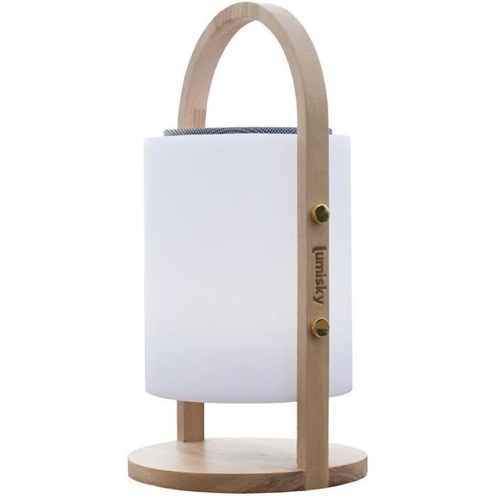 Lampe enceinte bluetooth sans fil - LUMISKY - WOODY PLAY - H37 cm - Poignée bois - LED blanc et multicolore dimmable