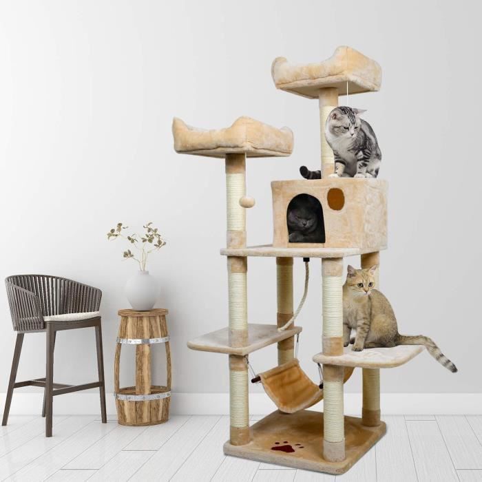 Meilleurs prix pour Mondeer Arbre à Chat Hauteur de 150 cm-avec Plate-Formes-Grande Grotte-Troncs épais en sisal-Palais de Chat-Beige