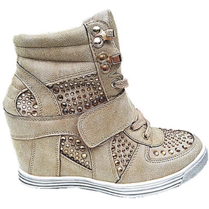 Baskets montante chaussures fille talon Fashionfolie888 TAUPE lacet 12 Femme compensées Tl1cJFK