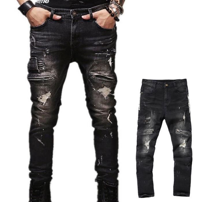 Jeans Homme grande taille Jean retro trou Marque Moto biker Jeans Jeans Hommes Noir Noir Cdiscount Pret a Porter