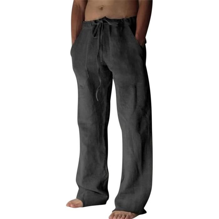 Pantalon Homme Lin et Coton Leger Decontracte Grande Taille Fluide Taille Elastique avec Poches Confortable Ete Chic Gris fonce