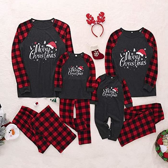 Pyjama Noël Famille 2025 – Ensemble Haut + Pantalon Carreaux & Motifs Festifs – Enfants & Adultes