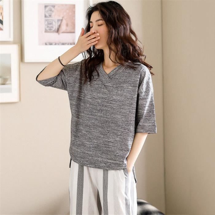 Pyjama Femme Pyjama en coton t simple col V Pantalon large