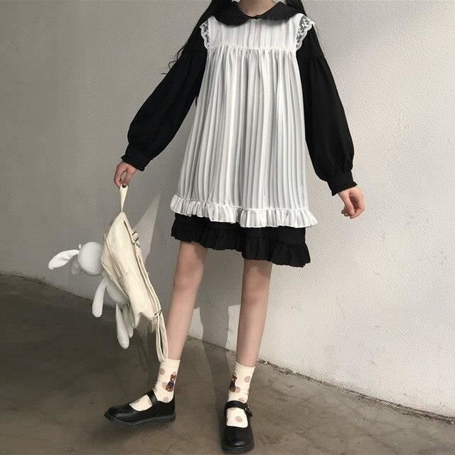 Robe Robe Lolita Kawaii pour filles tenue de princesse Vintage a volants manches bouffantes rouge noir rose col rond Black B7587 Cdiscount Pret a Porter