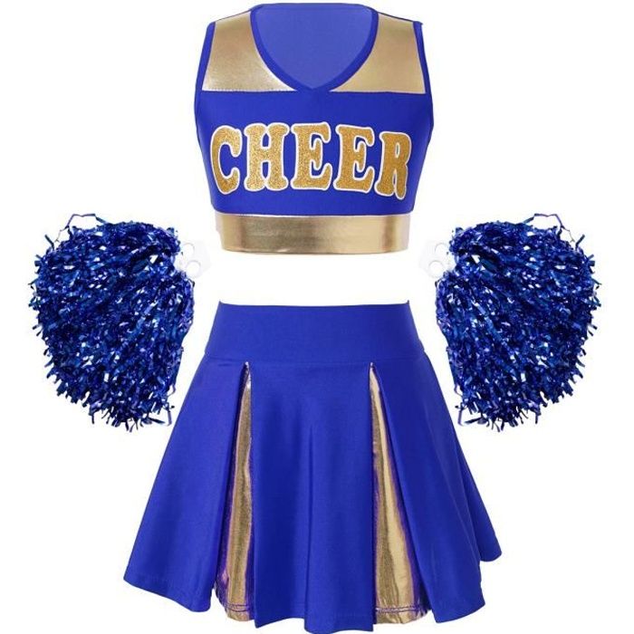 Freebily Costume Pompom Girl Fille Enfant Cheerleaders Cheerleading Tenue Jupe Pompons Danse Spectacle Halloween Carnaval 5 14 Ans Bleu Cdiscount Pret a Porter