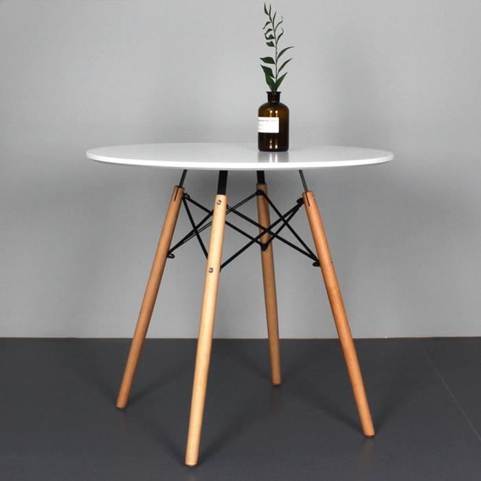 RONDE-Table en Table de Salle à Manger Scandinave pieds en Hêtre rond et sec(Blanc)