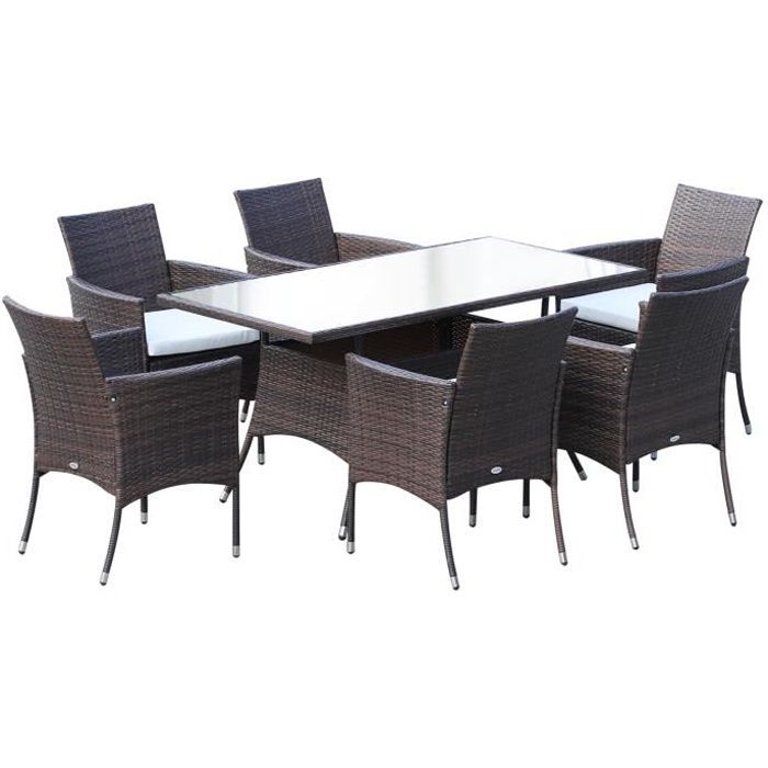 Ensemble salon de jardin 6 places - grande table rectangulaire, 6 fauteuils - 6 coussins assise déhoussables inclus - résine marron