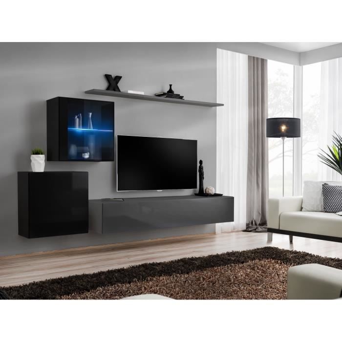 ensemble meuble salon mural switch xv design, coloris gris et noir brillant. 40 gris