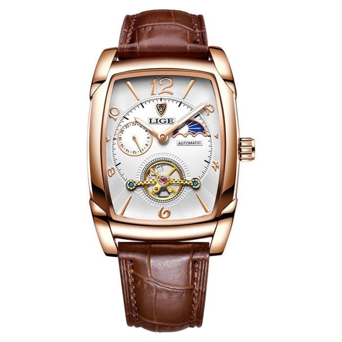 Montre homme automatique mécanique multifonction affichage des phases de la lune bracelet en cuir haute qualité marron