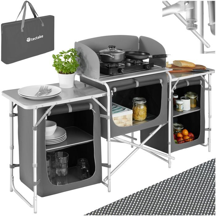Cuisine de camping aluminium mobilier armoire placard table d’extérieur noir 