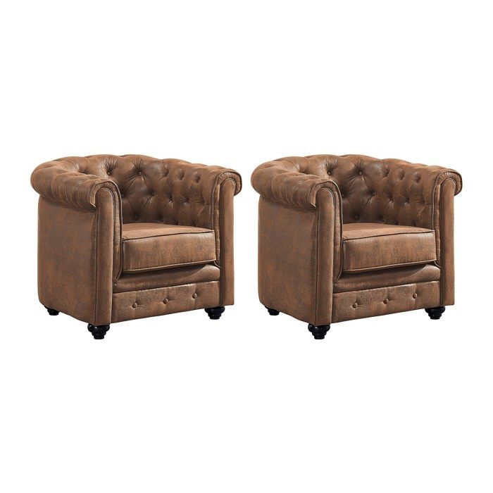 Lot de 2 Fauteuils CHESTERFIELD en microfibre aspect cuir vieilli