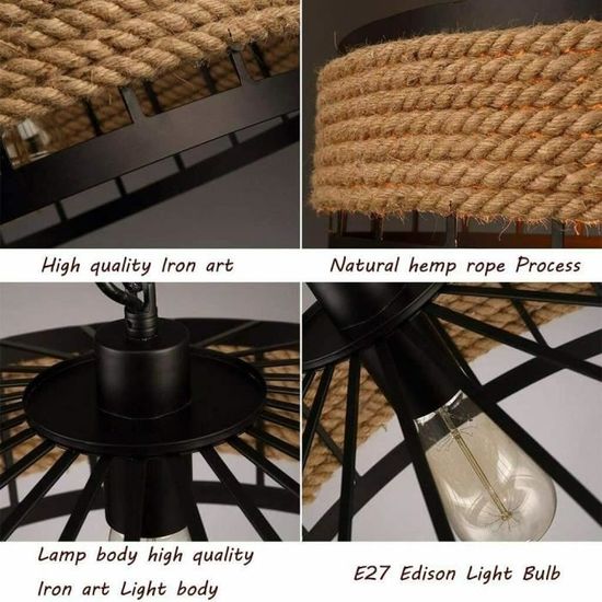 Lustre Suspension Vintage Corde Chanvre - Style Industriel Rétro, E27, Ø40cm - Pour Salon, Bar, Café