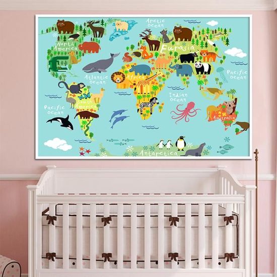 Nordic Enfants Kawaii Cartoon Animaux Carte Du Monde Toile Imprimer Poster Peinture Pour Enfants Chambresans Cadre Sans étirement