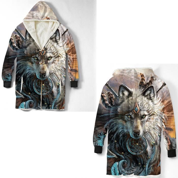 Manteau Viking Homme Hiver – Parka Cachemire Avec Imprimé Loup Fenrir 3D, Doublure Sherpa – Style Médiéval - 6