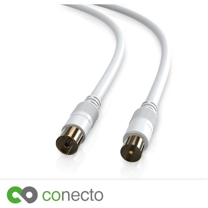 Ekon Câble D'antenne TV, Câble Antenne, Mâle Femelle, 3 Mètres, 100 DB, Connecteurs Dorés, Adaptateur Mâle Mâle Inclus, Pour TV, Smart TV, Décodeur, Numérique Terrestre