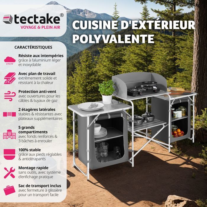 TECTAKE Cuisine d'Extérieur, Cuisine de Camping Pliante, Meuble Camping de  Rangement 164,5 cm x 52 cm x 104 cm - Cdiscount Sport