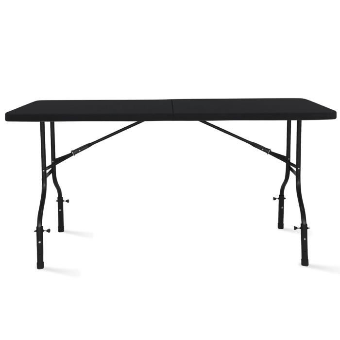 Table pliante noire 180 cm PEHD et acier + 4 rehausseurs