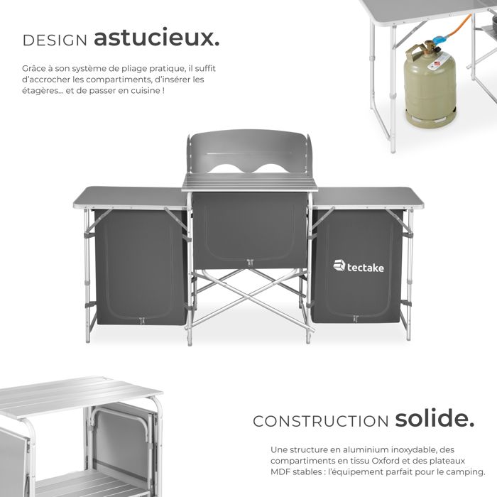 TecTake Cuisine De Camping Pliable Aluminium – Plan De Travail, Étagères, Pieds Réglables, Sac Transport Inclus