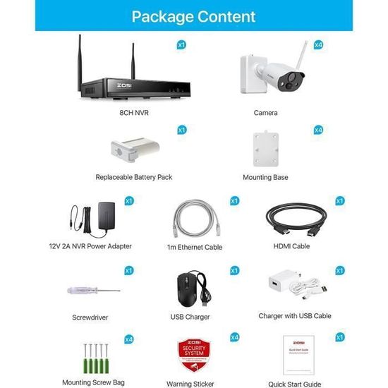 ZOSI C306 3MP Kit Vidéo Surveillance sans Fil 8CH 1To NVR + 4 Caméra de