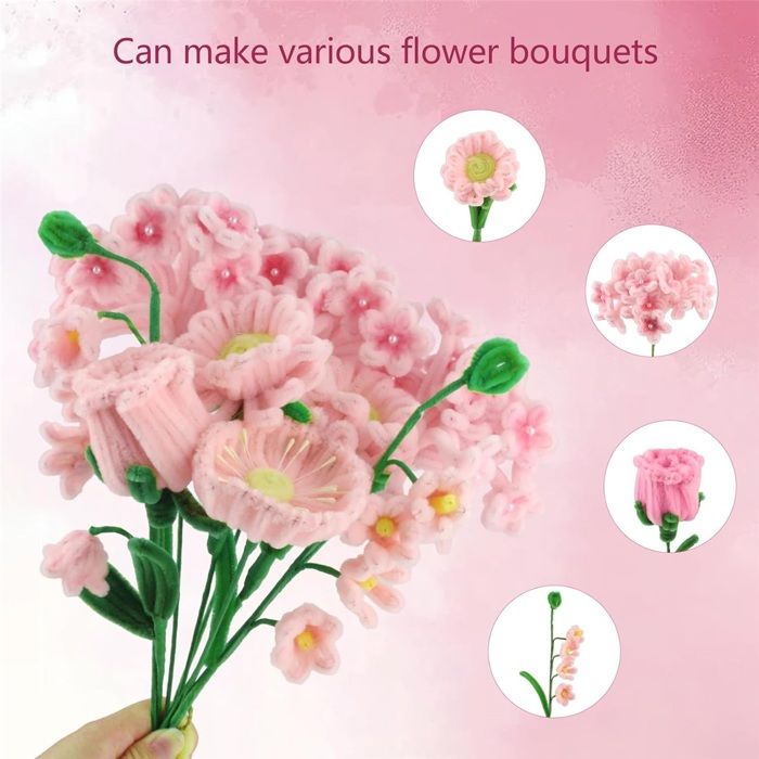 400 Fils Chenille (cure-pipe) Colorés - Kit Créatif Pour Bouquets, Déco DIY - Rose, Violet Clair, Violet Foncé, Vert - 13