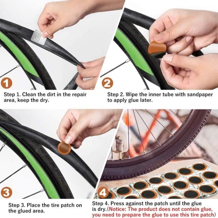 Kit réparation chambre à air vélo (démontes pneu, rustines et colle)