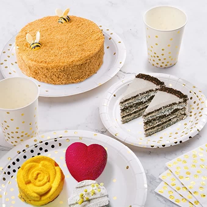 Lot De 125 Pièces Vaisselle Jetable Blanc Et Doré – Assiettes, Tasses, Serviettes, Pailles – Pour 25 Invités – Anniversaire, Mariage, Fête, Pique-nique – Matériau Alimentaire Biodégradable
