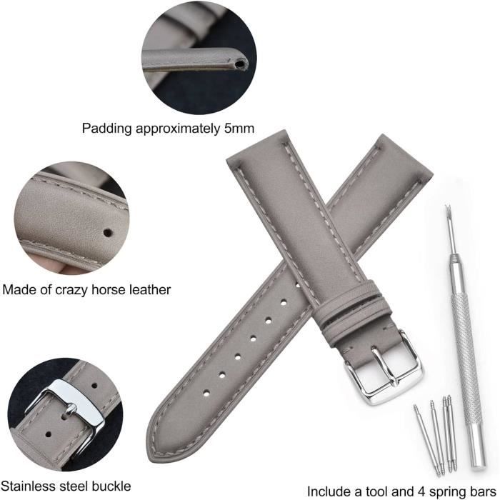 Bracelet Montre Detomaso En Cuir Noir - Largeur 20 Mm - Boucle Argent - Neuf Avec Étiquette