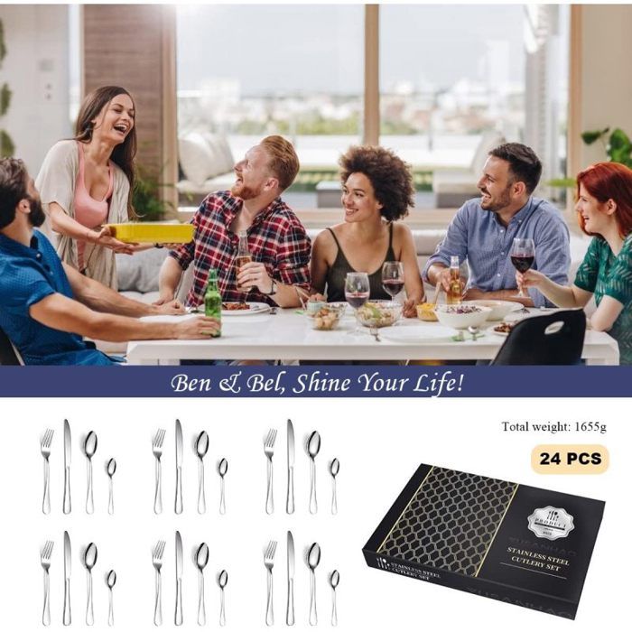 Ménagère 24 Pièces Couverts Acier Inoxydable Pour 6 Personnes - Lave-Vaisselle - Design Moderne