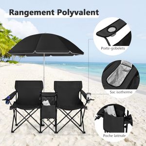 KOMFOTTEU – Chaise De Camping Pliable 2 Places Avec Parasol Réglable (118-178 Cm), Porte-gobelets, Blocs Réfrigérants, Charge 300 Kg, Rose