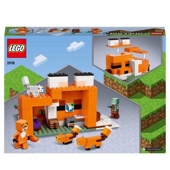 LEGO® 21178 Minecraft Le Refuge du Renard, Jouet de Construction Maison, Enfants dès 8 ans, Set avec Figurines Zombie, Animaux